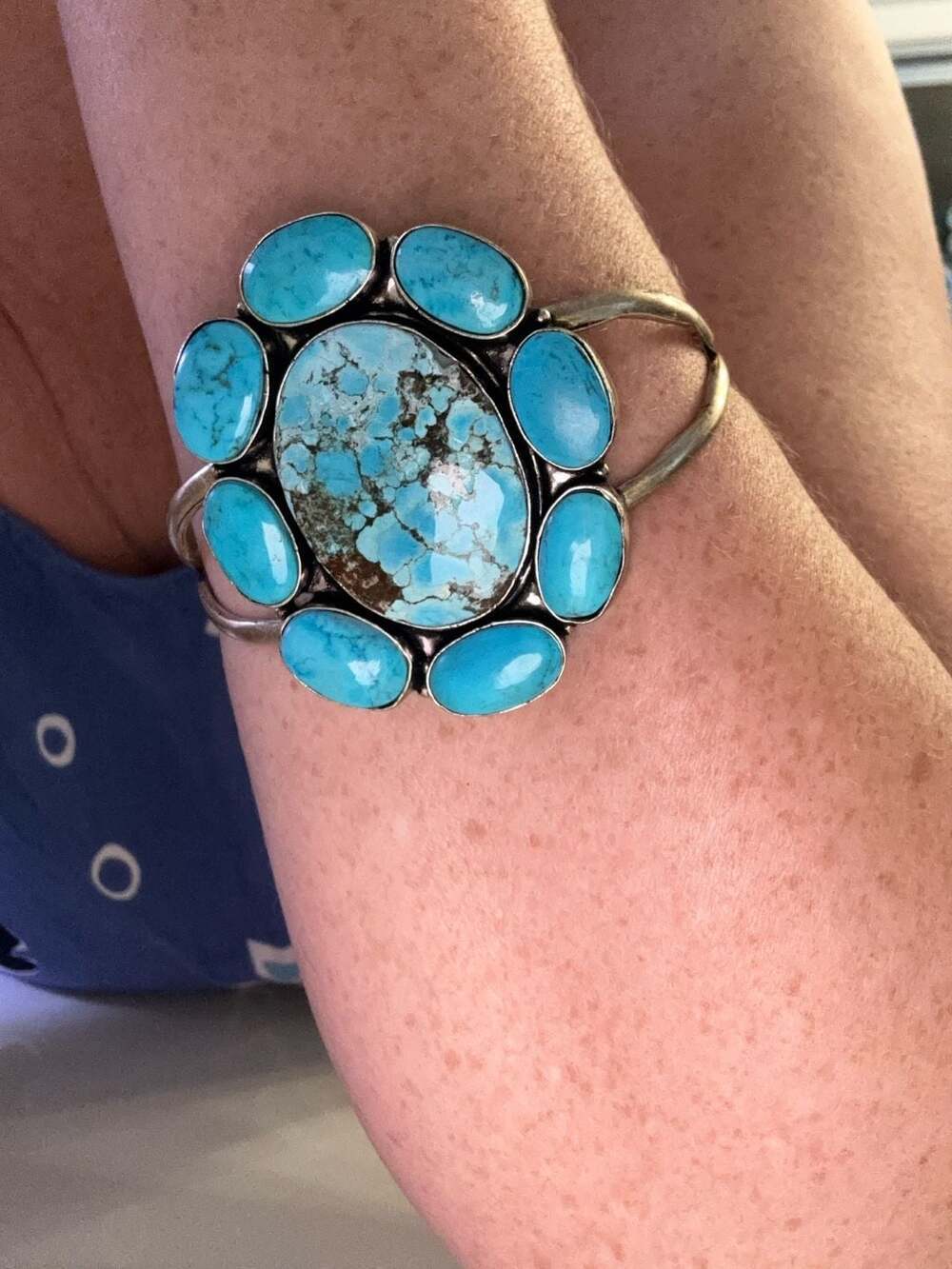 Turquoise Cluster Cuff Bracelet Tibetan Handmade  Silver Boho Jewelry